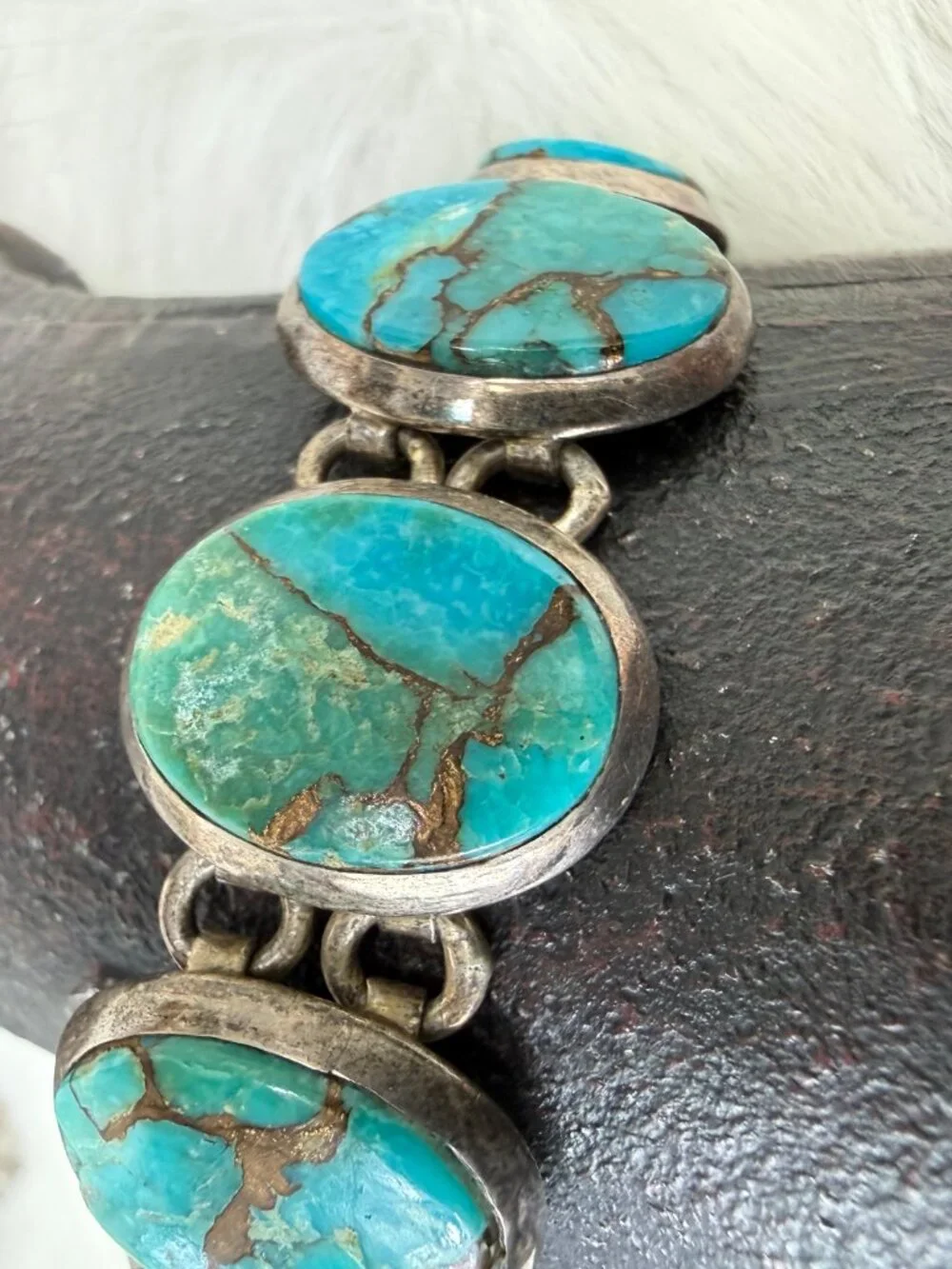 Sterling Silver & Oval Turquoise Stone Link Bracelet Toggle & Magnetic Clasp